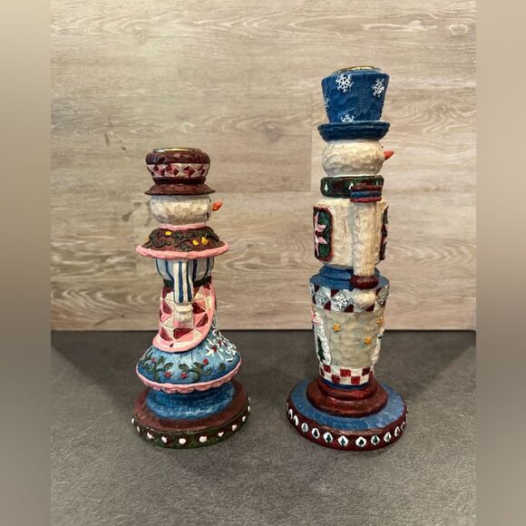 Folk Art Resin Snowman Candle Holders Set of 2 - Picture 4 of 9